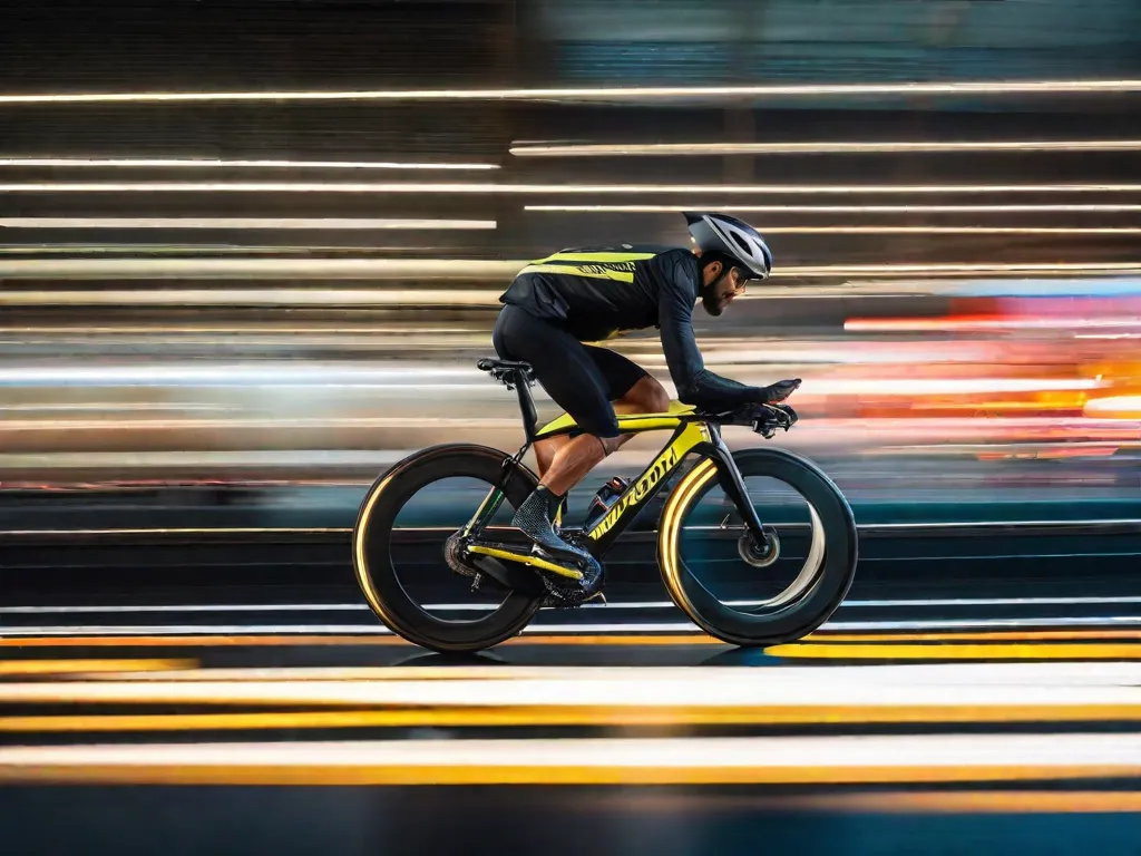 Um ciclista usa uma jaqueta refletiva elegante e de alta visibilidade, com o material capturando a luz, criando listras brilhantes e reluzentes. Eles estão andando em uma bicicleta equipada com luzes LED brilhantes nas rodas, aumentando a segurança e a visibilidade em uma estrada urbana escura.