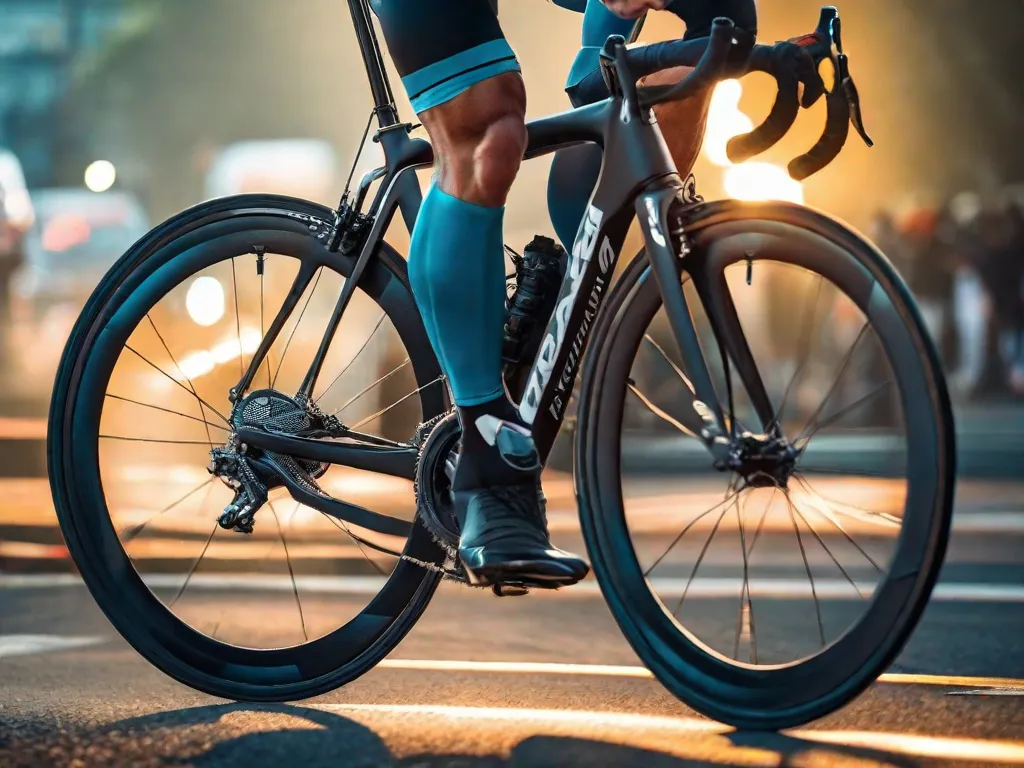Um close-up das pernas de um ciclista em movimento, vestindo sapatilhas profissionais de ciclismo encaixadas nos pedais de uma bicicleta de estrada. A imagem capta a perfeita rotação circular do pedal contra o fundo de uma estrada de asfalto desfocada, enfatizando a velocidade e eficiência.