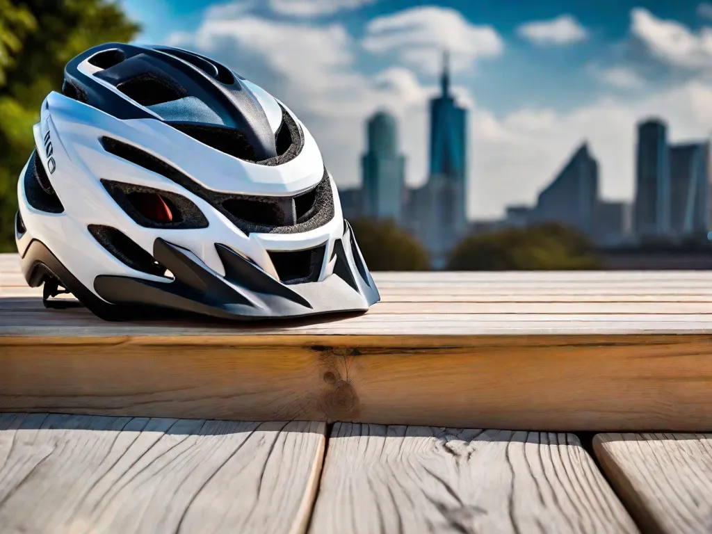Uma imagem vibrante de um capacete de bicicleta com faixas refletoras, um par de luvas, um colete de alta visibilidade e luzes de LED para bicicleta espalhados sobre uma superfície de madeira com um horizonte urbano ao fundo desfocado, ilustrando equipamentos de segurança essenciais para pedalar na cidade.