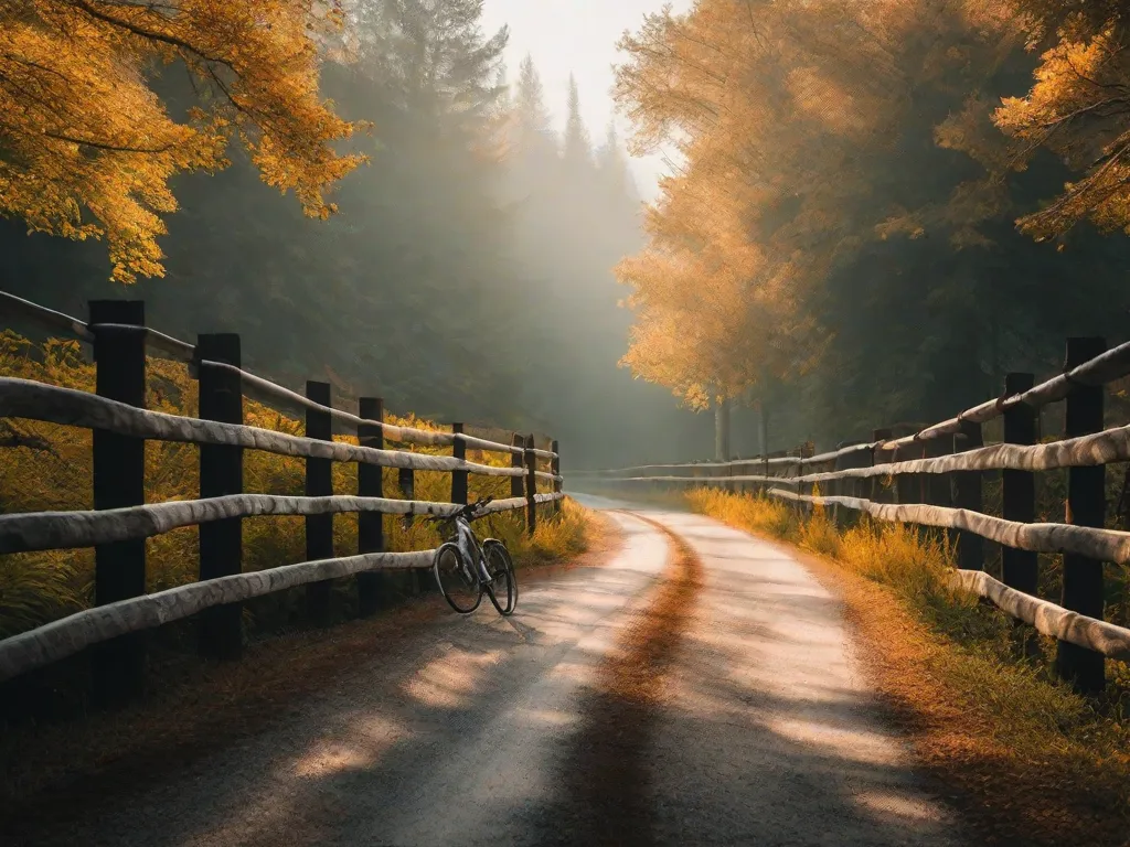Uma imagem serena de uma estrada sinuosa vazia cercada por vegetação exuberante, com uma bicicleta encostada em uma cerca de madeira sob o brilho quente de um sol poente, evocando uma sensação de liberdade, aventura e conexão com a natureza.