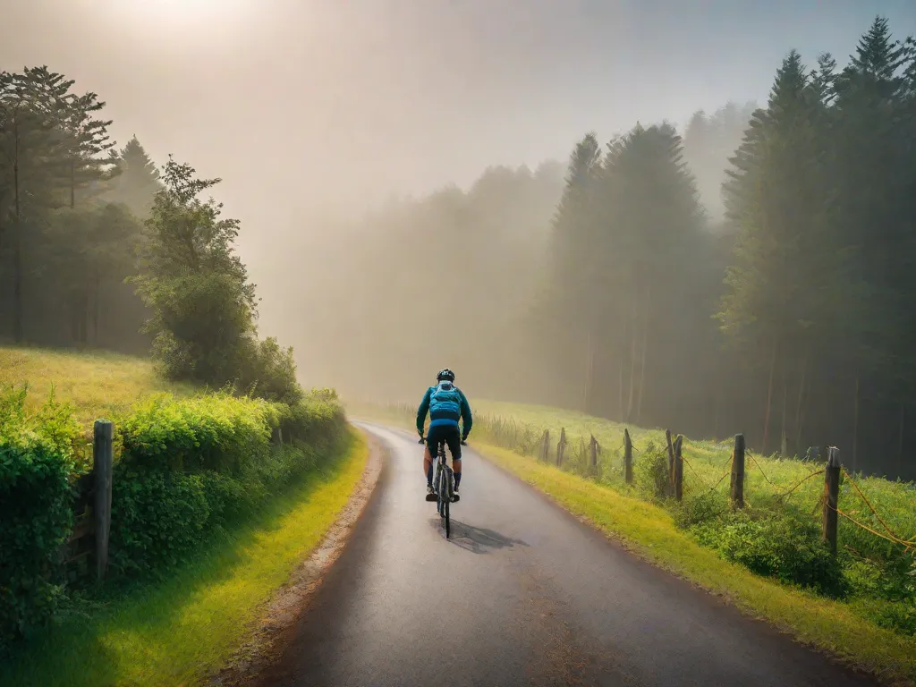 Uma imagem serena de uma estrada sinuosa vazia no meio de uma floresta verdejante. Uma bicicleta está encostada em uma cerca de madeira, a névoa da manhã pairando acima do solo, sugerindo a tranquilidade e a frescura de um passeio matinal.