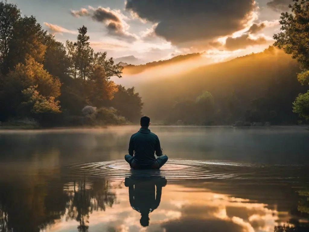 Uma imagem serena de uma pessoa meditando à beira de um lago tranquilo ao nascer do sol, com suaves raios de luz iluminando sua silhueta. A natureza ao redor é exuberante e vibrante, refletindo a harmonia do bem-estar físico e mental.